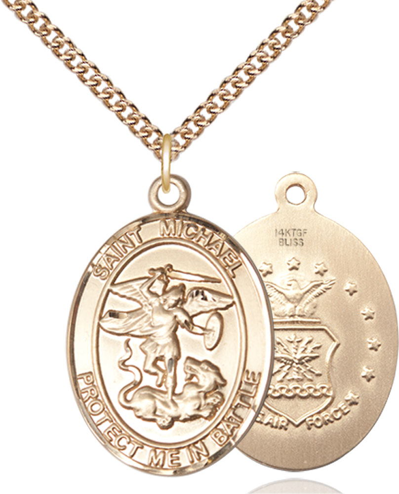 14kt Gold Filled Saint Michael Air Force Pendant on a 24 inch Gold Filled Heavy Curb chain