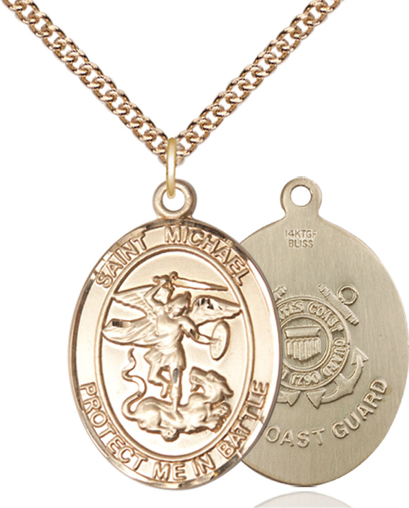 14kt Gold Filled Saint Michael Coast Guard Pendant on a 24 inch Gold Filled Heavy Curb chain