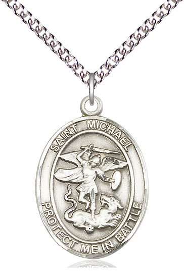 Sterling Silver Saint Michael Guardian Angel Pendant on a 24 inch Sterling Silver Heavy Curb chain