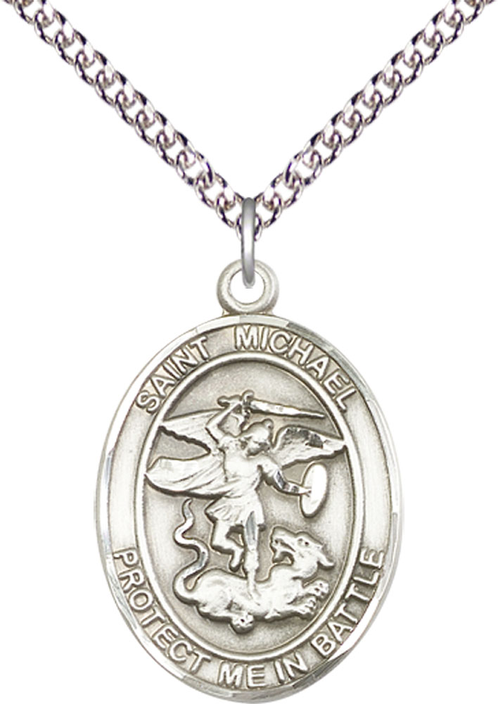 Sterling Silver Saint Michael Guardian Angel Pendant on a 24 inch Sterling Silver Heavy Curb chain