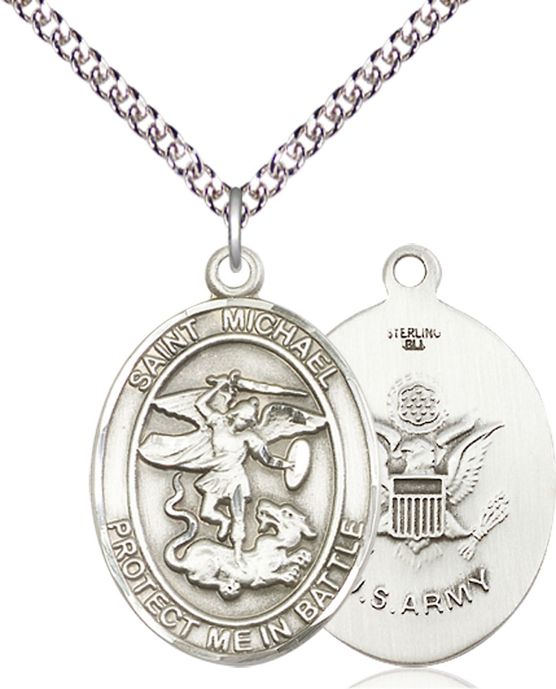 Sterling Silver Saint Michael Army Pendant on a 24 inch Sterling Silver Heavy Curb chain
