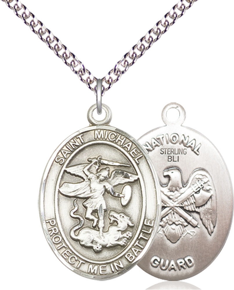Sterling Silver Saint Michael National Guard Pendant on a 24 inch Sterling Silver Heavy Curb chain