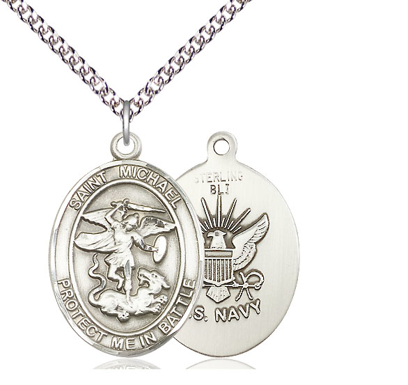 Sterling Silver Saint Michael Navy Pendant on a 24 inch Sterling Silver Heavy Curb chain