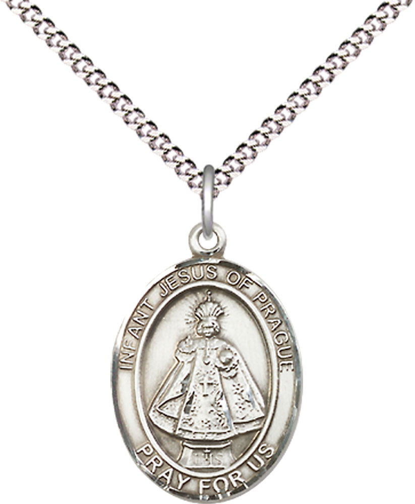 Sterling Silver Infant of Prague Pendant on a 18 inch Light Rhodium Light Curb chain