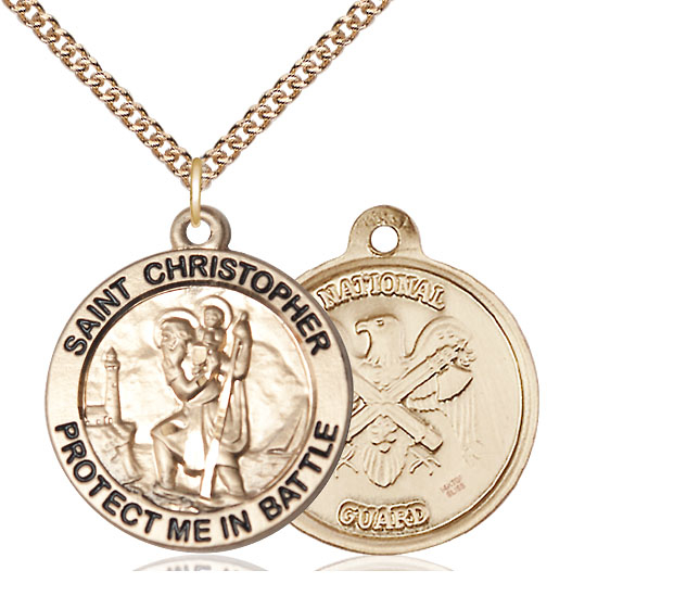 14kt Gold Filled Saint Christopher National Guard Pendant on a 24 inch Gold Filled Heavy Curb chain