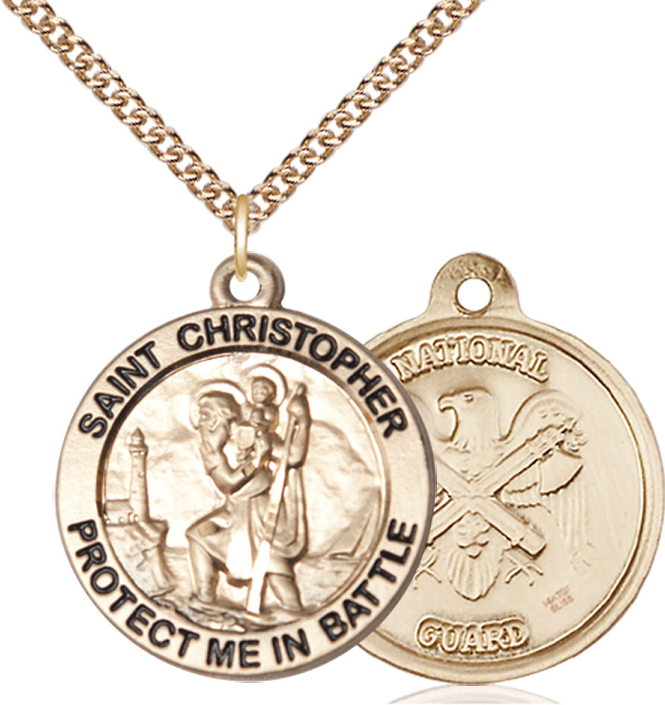 14kt Gold Filled Saint Christopher National Guard Pendant on a 24 inch Gold Filled Heavy Curb chain