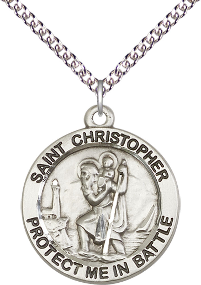 Sterling Silver Saint Christopher Pendant on a 24 inch Sterling Silver Heavy Curb chain