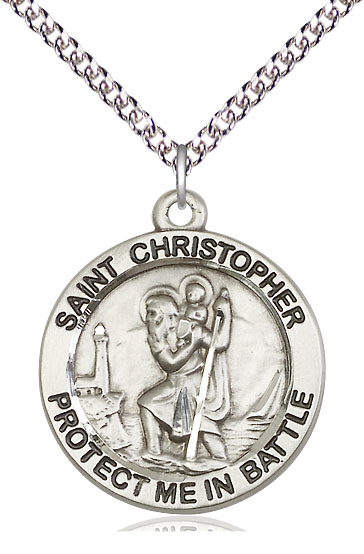 Sterling Silver Saint Christopher Pendant on a 24 inch Sterling Silver Heavy Curb chain