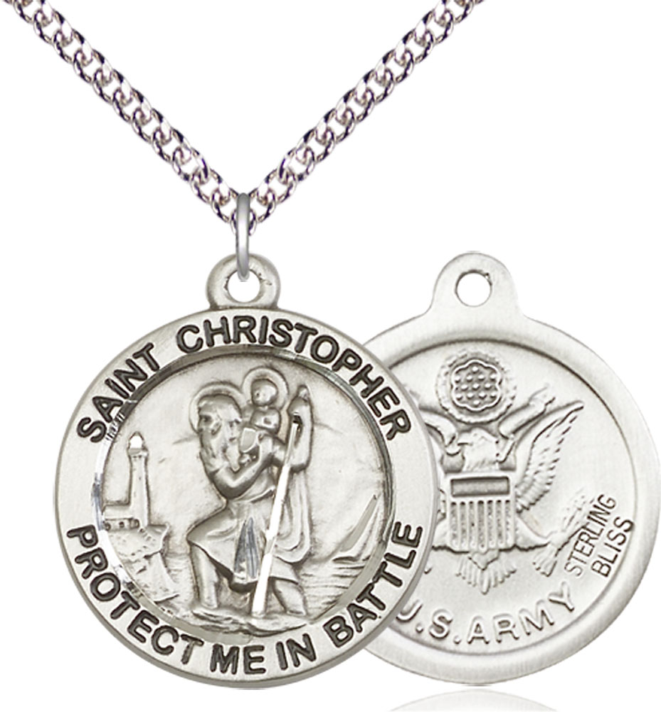 Sterling Silver Saint Christopher Army Pendant on a 24 inch Sterling Silver Heavy Curb chain