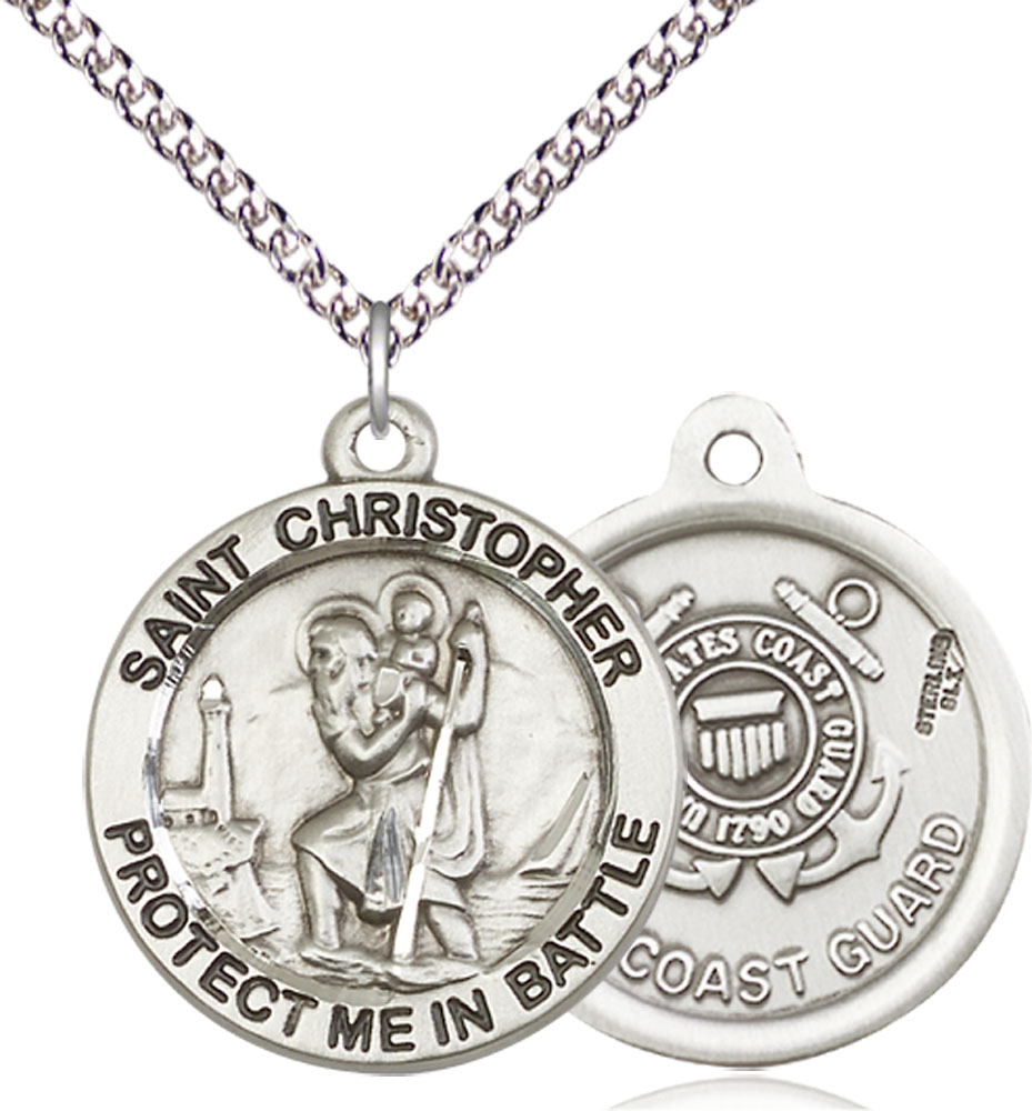 Sterling Silver Saint Christopher Coast Guard Pendant on a 24 inch Sterling Silver Heavy Curb chain