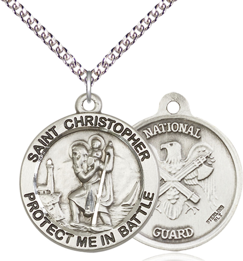 Sterling Silver Saint Christopher National Guard Pendant on a 24 inch Sterling Silver Heavy Curb chain