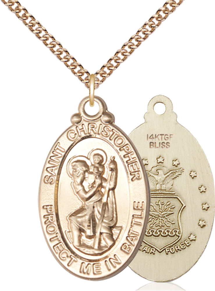 14kt Gold Filled Saint Christopher Air Force Pendant on a 24 inch Gold Filled Heavy Curb chain