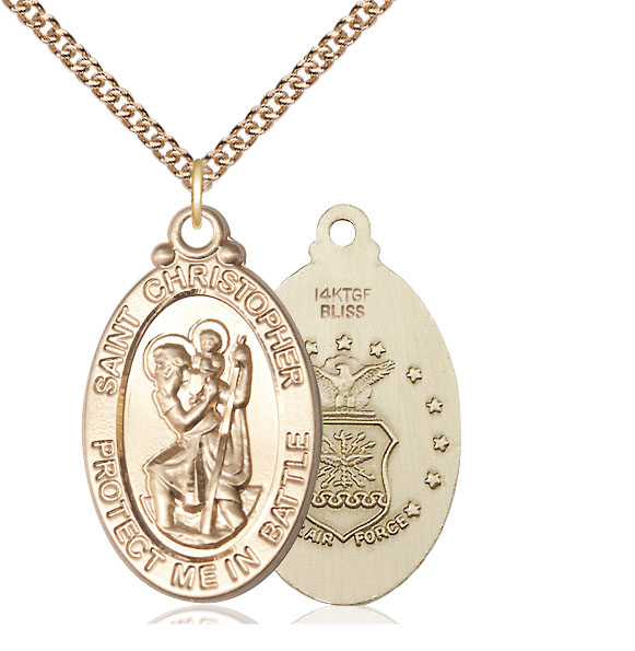 14kt Gold Filled Saint Christopher Air Force Pendant on a 24 inch Gold Filled Heavy Curb chain