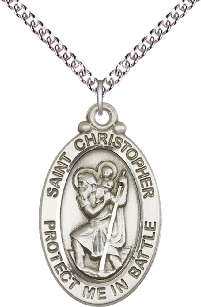 Sterling Silver Saint Christopher Pendant on a 24 inch Sterling Silver Heavy Curb chain