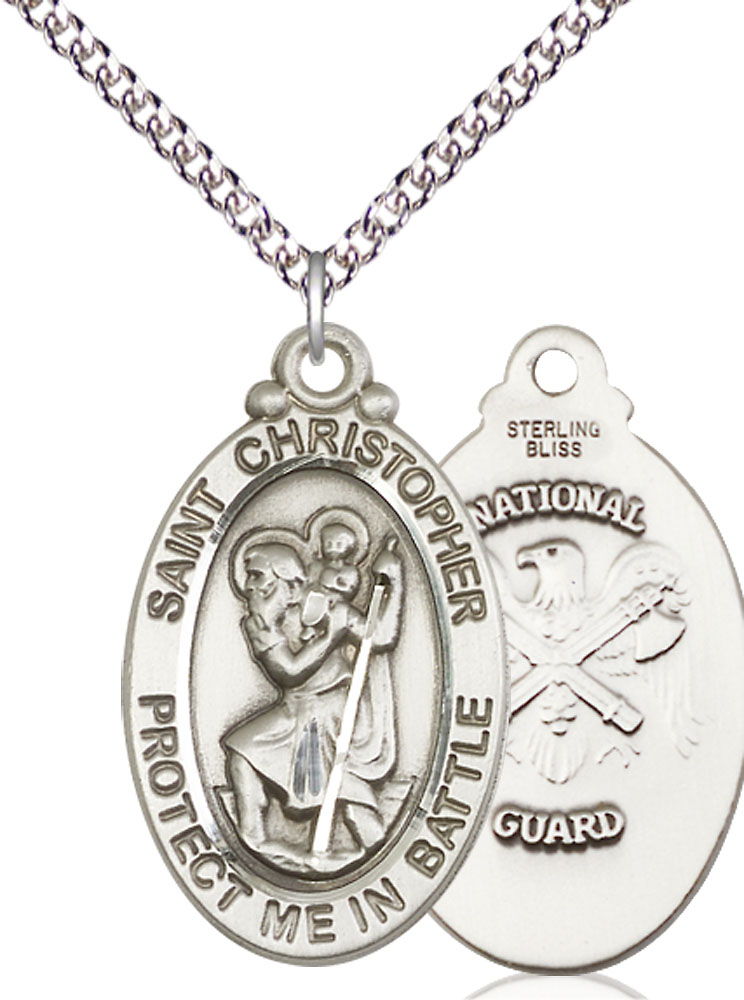 Sterling Silver Saint Christopher National Guard Pendant on a 24 inch Sterling Silver Heavy Curb chain