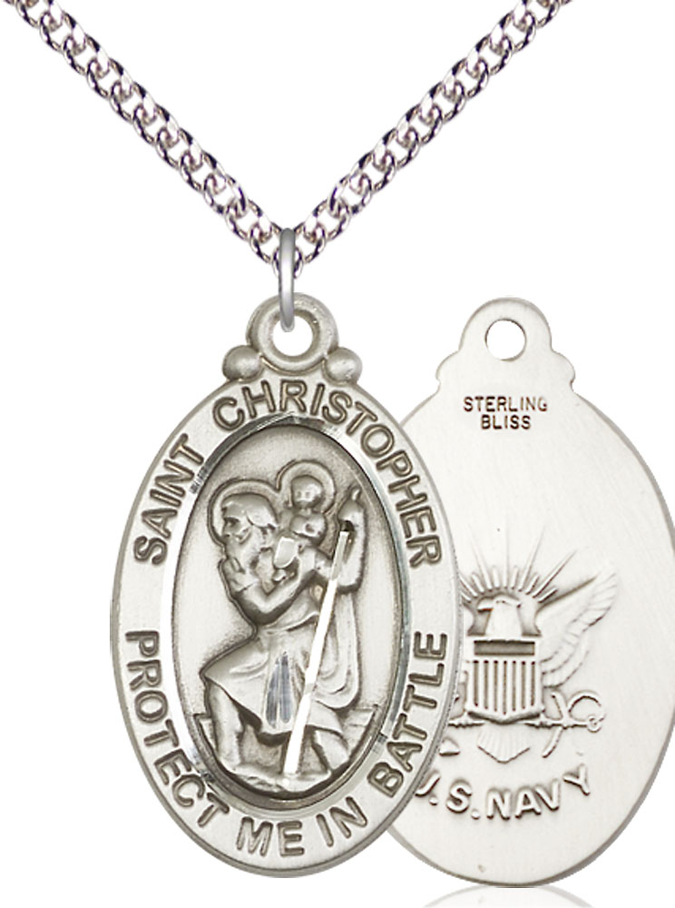 Sterling Silver Saint Christopher Navy Pendant on a 24 inch Sterling Silver Heavy Curb chain