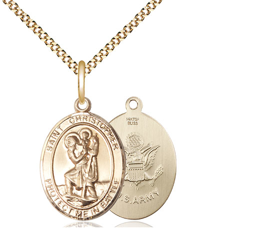 14kt Gold Filled Saint Christopher Army Pendant on a 18 inch Gold Plate Light Curb chain