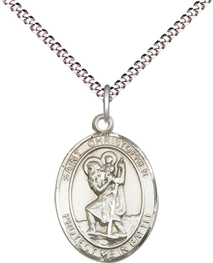 Sterling Silver Saint Christopher Pendant on a 18 inch Light Rhodium Light Curb chain