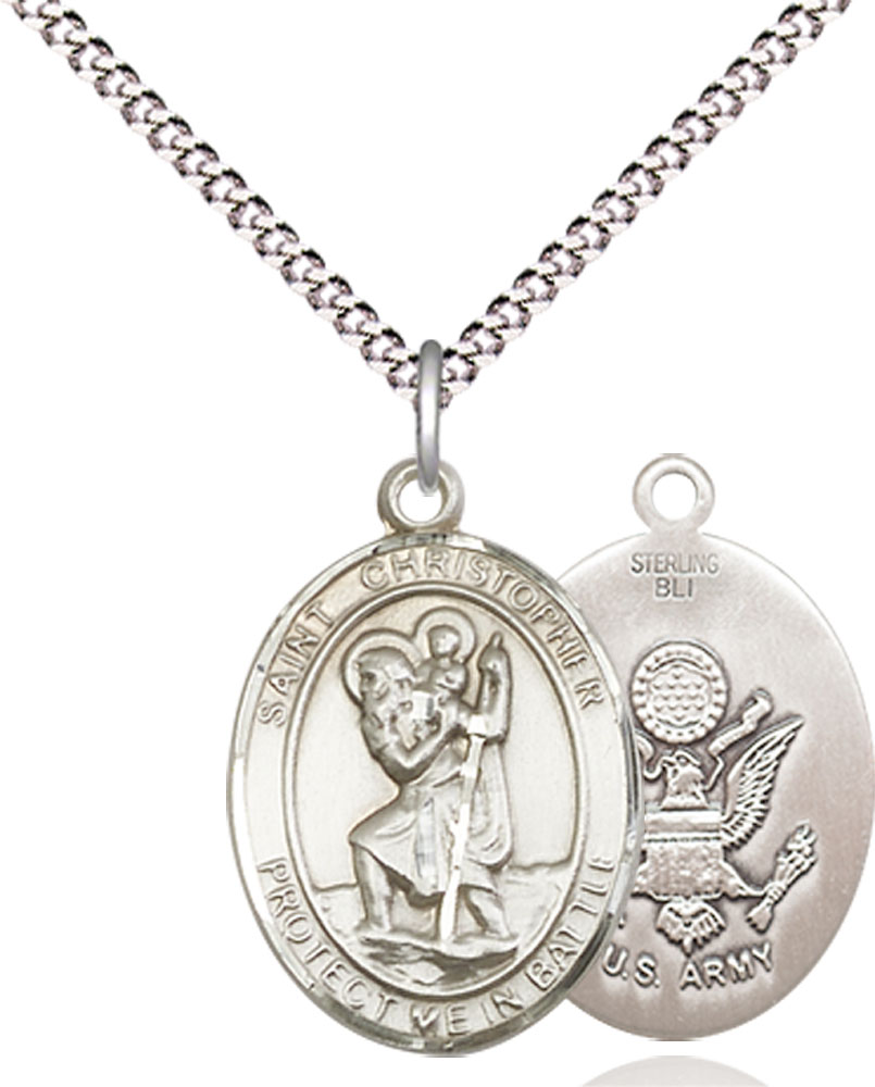 Sterling Silver Saint Christopher Army Pendant on a 18 inch Light Rhodium Light Curb chain