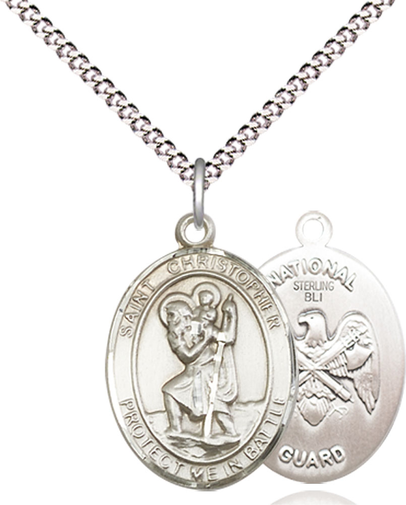 Sterling Silver Saint Christopher National Guard Pendant on a 18 inch Light Rhodium Light Curb chain