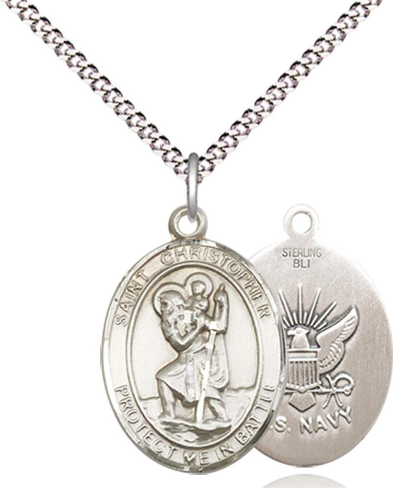 Sterling Silver Saint Christopher Navy Pendant on a 18 inch Light Rhodium Light Curb chain