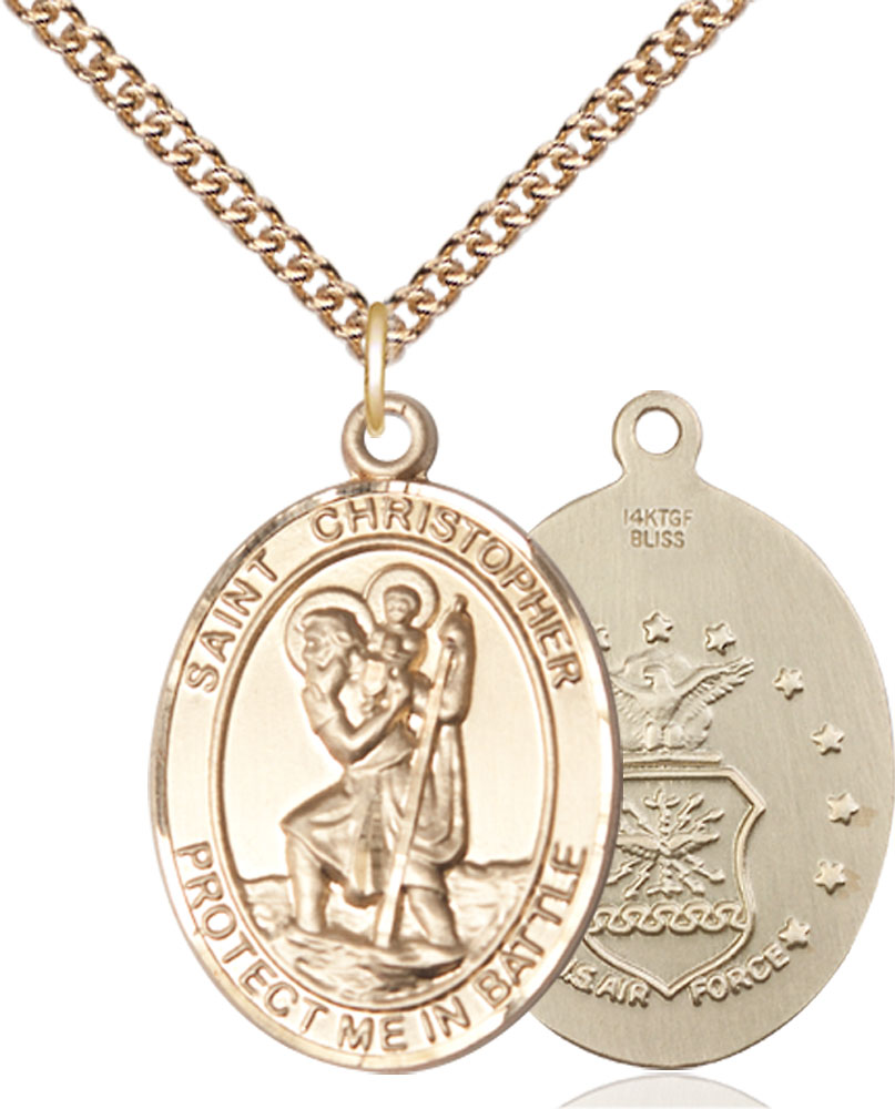 14kt Gold Filled Saint Christopher Air Force Pendant on a 24 inch Gold Filled Heavy Curb chain