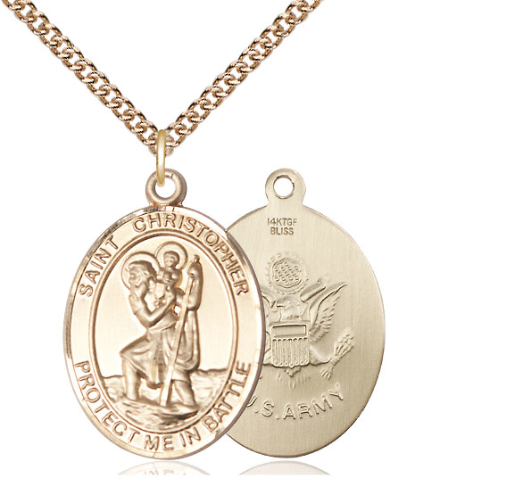 14kt Gold Filled Saint Christopher Army Pendant on a 24 inch Gold Filled Heavy Curb chain