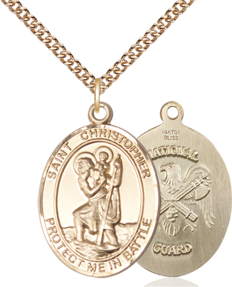 14kt Gold Filled Saint Christopher National Guard Pendant on a 24 inch Gold Filled Heavy Curb chain