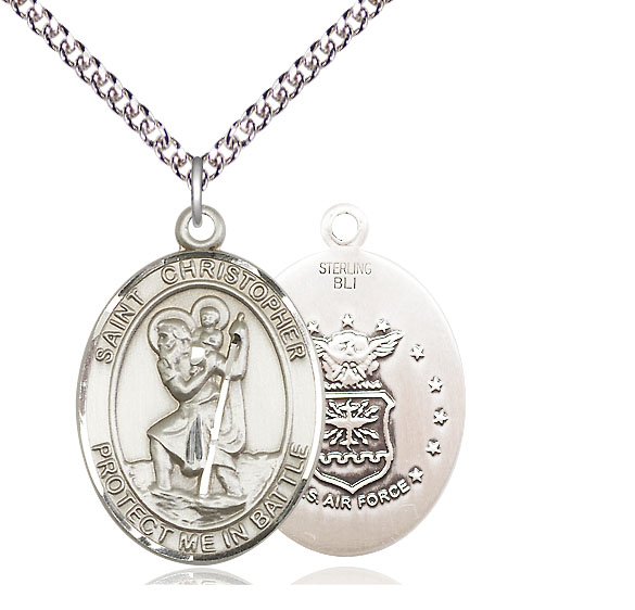 Sterling Silver Saint Christopher Air Force Pendant on a 24 inch Sterling Silver Heavy Curb chain