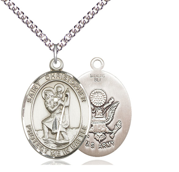 Sterling Silver Saint Christopher Army Pendant on a 24 inch Sterling Silver Heavy Curb chain