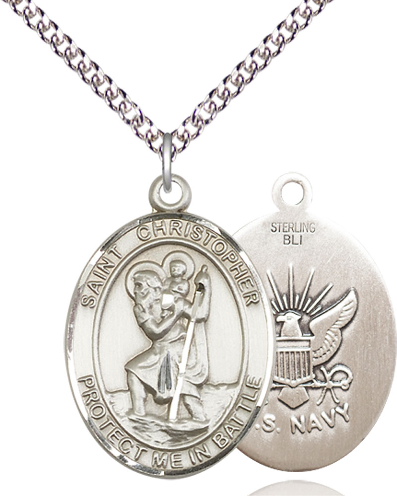 Sterling Silver Saint Christopher Navy Pendant on a 24 inch Sterling Silver Heavy Curb chain