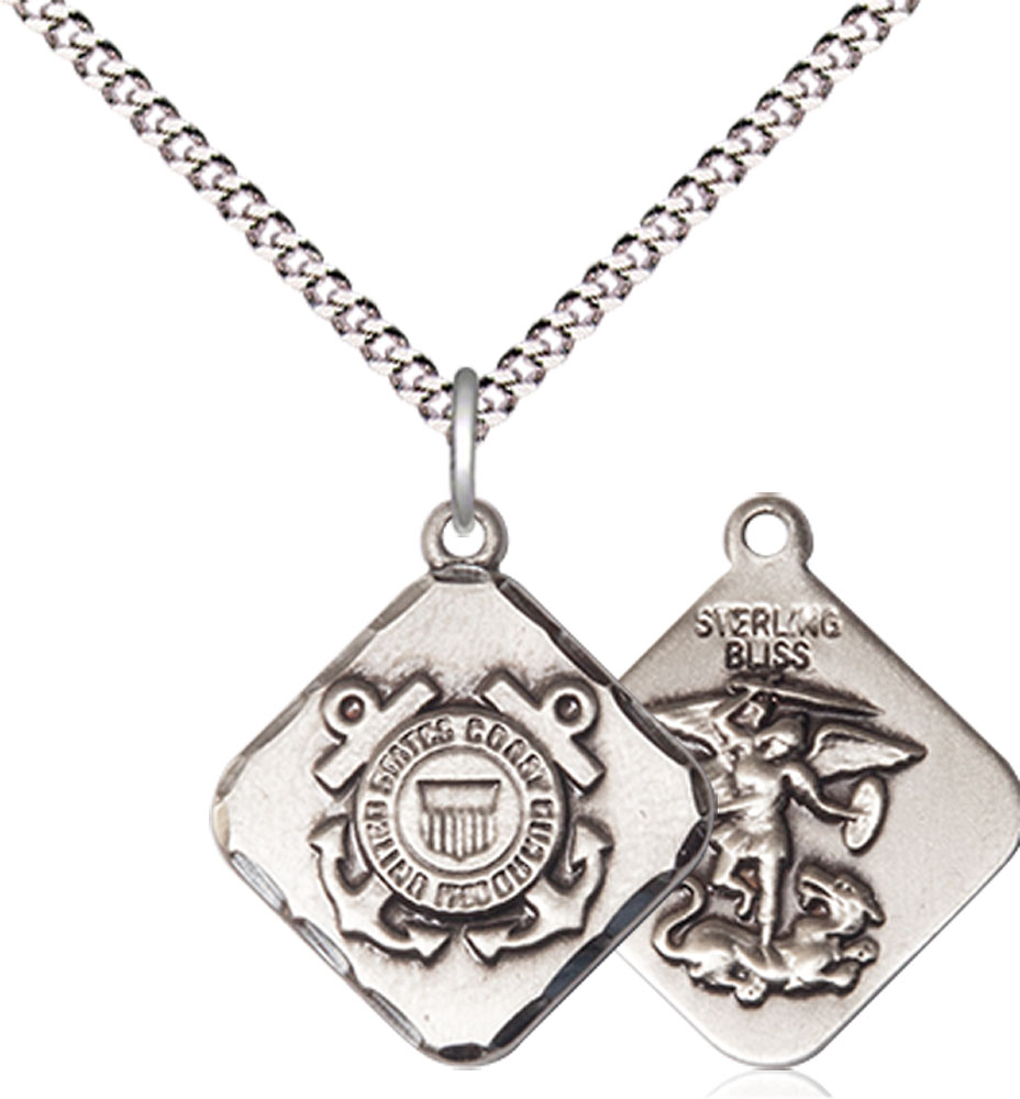 Sterling Silver Coast Guard Diamond Pendant on a 18 inch Light Rhodium Light Curb chain