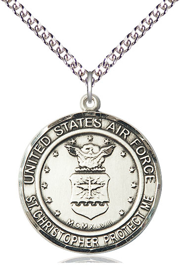 Sterling Silver Air Force St Christopher Pendant on a 24 inch Sterling Silver Heavy Curb chain