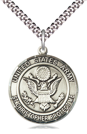 Sterling Silver Army St Christopher Pendant on a 24 inch Light Rhodium Heavy Curb chain