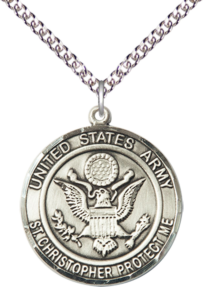 Sterling Silver Army St Christopher Pendant on a 24 inch Sterling Silver Heavy Curb chain
