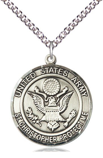Sterling Silver Army St Christopher Pendant on a 24 inch Sterling Silver Heavy Curb chain