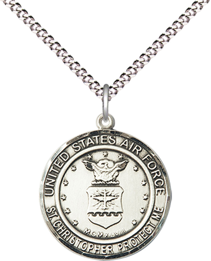 Sterling Silver Air Force St Christopher Pendant on a 18 inch Light Rhodium Light Curb chain