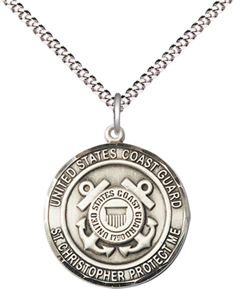 Sterling Silver Coast Guard St Christopher Pendant on a 18 inch Light Rhodium Light Curb chain