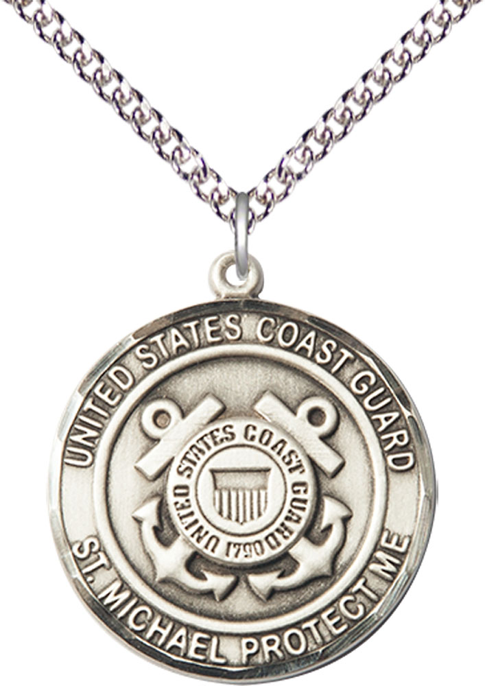 Sterling Silver Coast Guard St Michael Pendant on a 24 inch Sterling Silver Heavy Curb chain