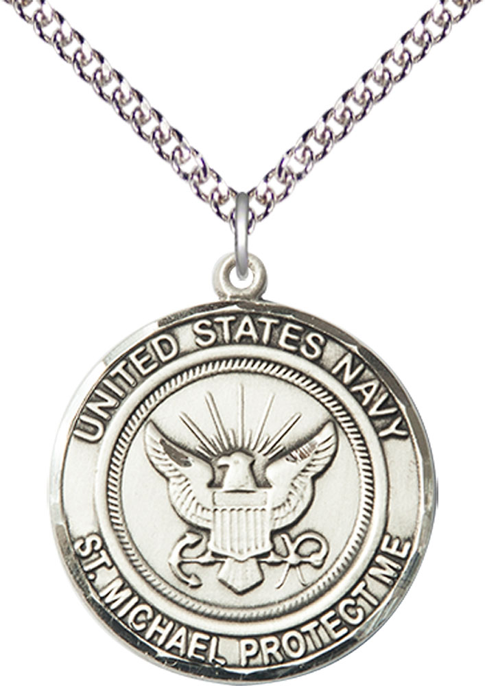 Sterling Silver Navy St Michael Pendant on a 24 inch Sterling Silver Heavy Curb chain