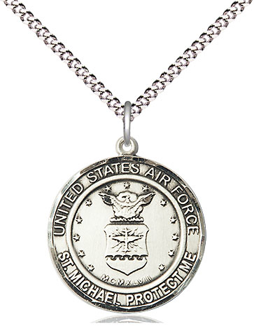 Sterling Silver Air Force St Michael Pendant on a 18 inch Light Rhodium Light Curb chain