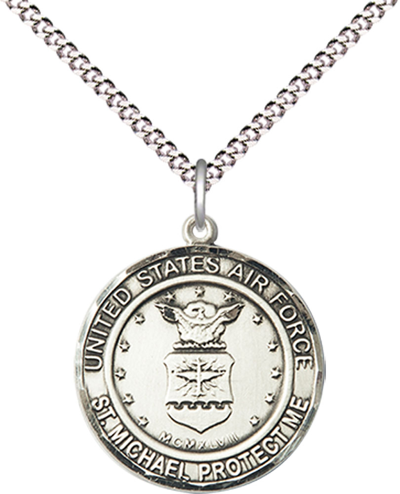 Sterling Silver Air Force St Michael Pendant on a 18 inch Light Rhodium Light Curb chain