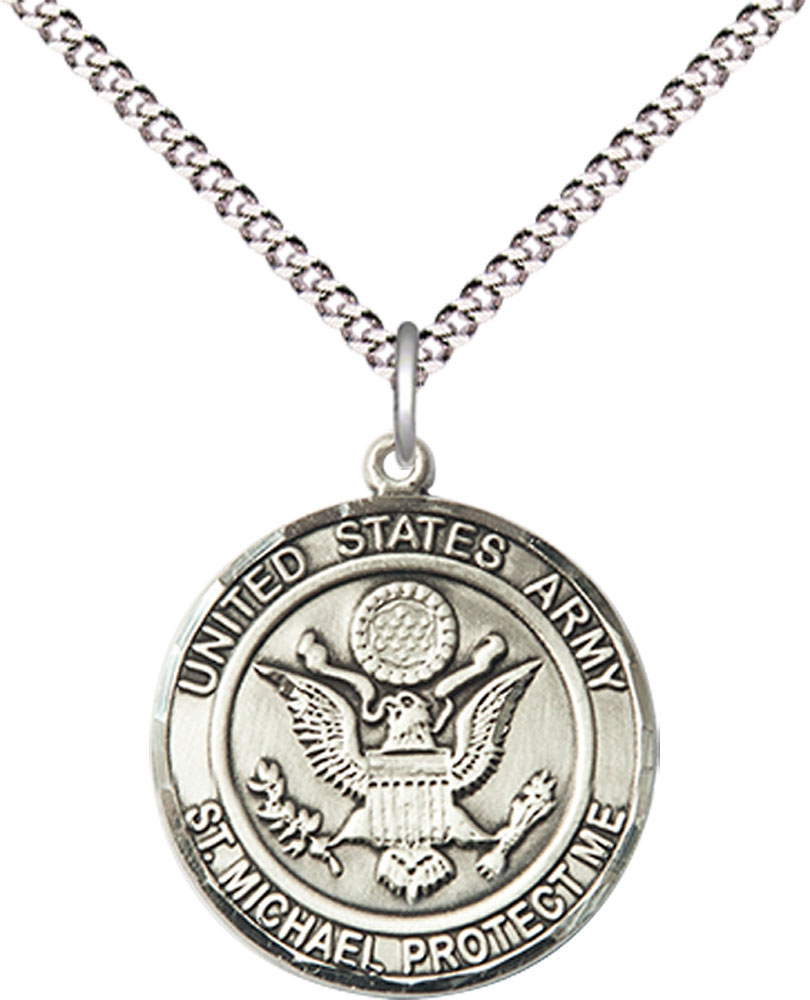Sterling Silver Army St Michael Pendant on a 18 inch Light Rhodium Light Curb chain