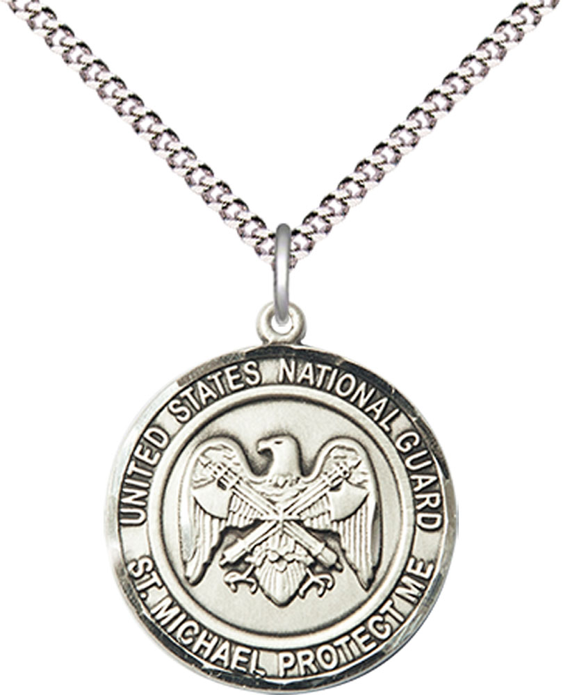 Sterling Silver National Guard St Michael Pendant on a 18 inch Light Rhodium Light Curb chain