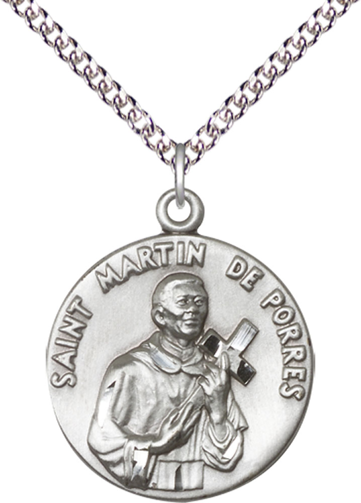 Sterling Silver Saint Martin de Porres Pendant on a 24 inch Sterling Silver Heavy Curb chain