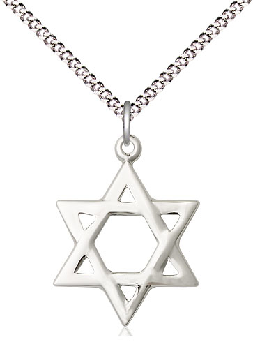 Sterling Silver Star of David Pendant on a 18 inch Light Rhodium Light Curb chain