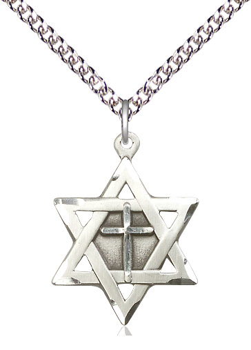 Sterling Silver Star of David w/ Cross Pendant on a 24 inch Sterling Silver Heavy Curb chain