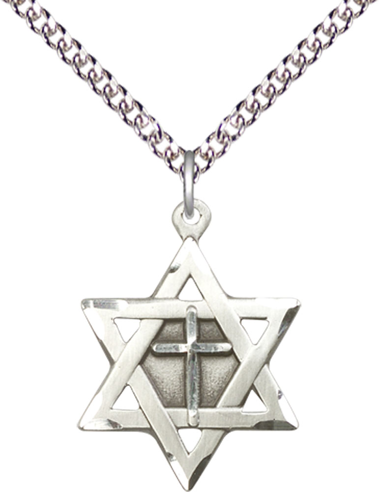 Sterling Silver Star of David w/ Cross Pendant on a 24 inch Sterling Silver Heavy Curb chain