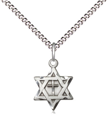 Sterling Silver Star of David w/ Cross Pendant on a 18 inch Light Rhodium Light Curb chain