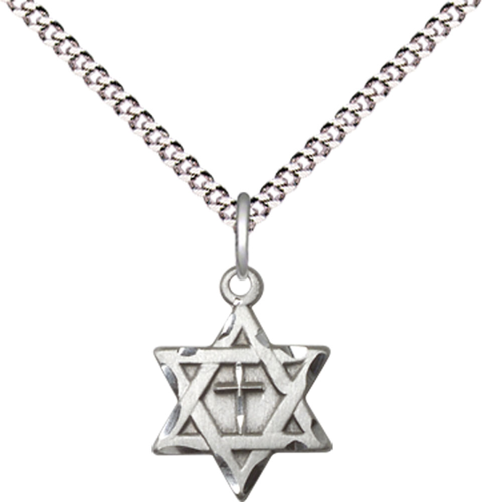 Sterling Silver Star of David w/ Cross Pendant on a 18 inch Light Rhodium Light Curb chain